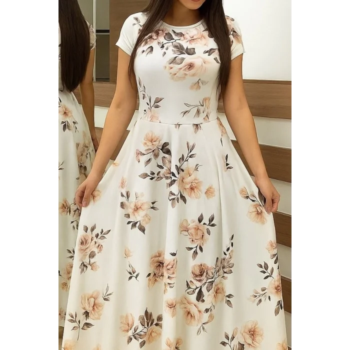 Kadın Kısa Kollu Bisiklet Yaka Puantiyeli Maksi örme Krep Elbise