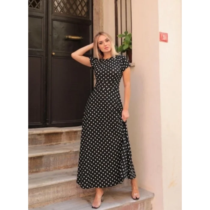 Kadın Kısa Kollu Bisiklet Yaka Puantiyeli Maksi örme Krep Elbise