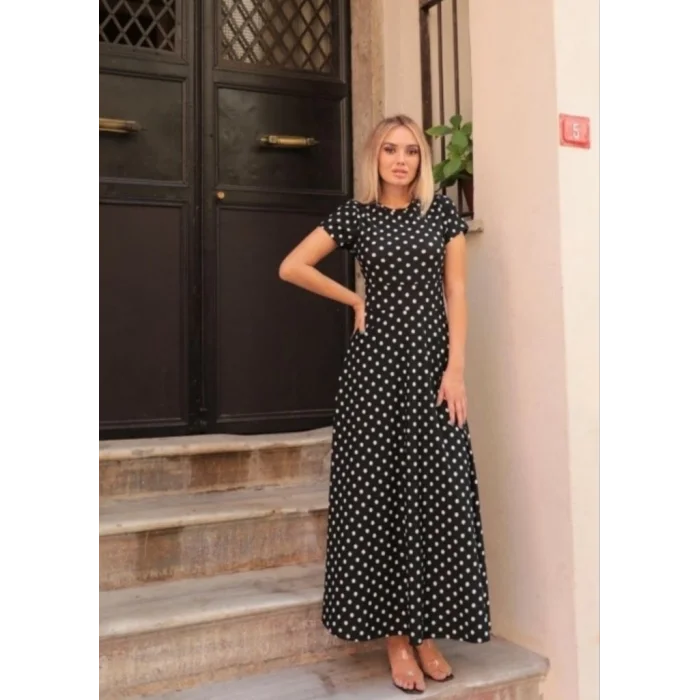 Kadın Kısa Kollu Bisiklet Yaka Puantiyeli Maksi örme Krep Elbise