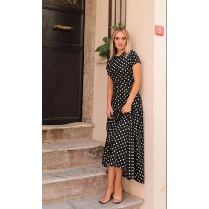 Kadın Kısa Kollu Bisiklet Yaka Puantiyeli Maksi örme Krep Elbise