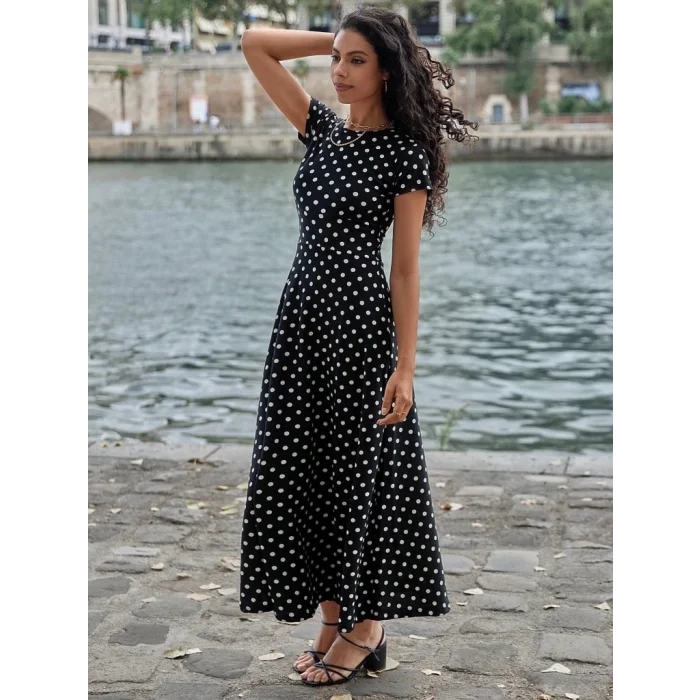 Kadın Kısa Kollu Bisiklet Yaka Puantiyeli Maksi örme Krep Elbise