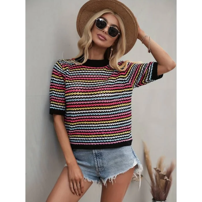Kadın Kısa Kollu Bisiklet Yaka Renkli şerit Detaylı Triko Bluz