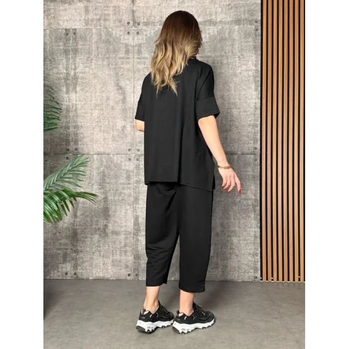 Kadın Kısa Kollu Bisiklet Yaka Viskon Iki Iplik Bluz Ve Pantolon Ikili Takım