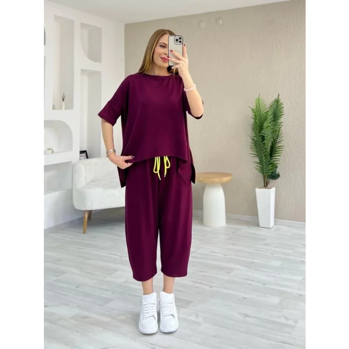 Kadın Kısa Kollu Bisiklet Yaka Viskon Iki Iplik Bluz Ve Pantolon Ikili Takım