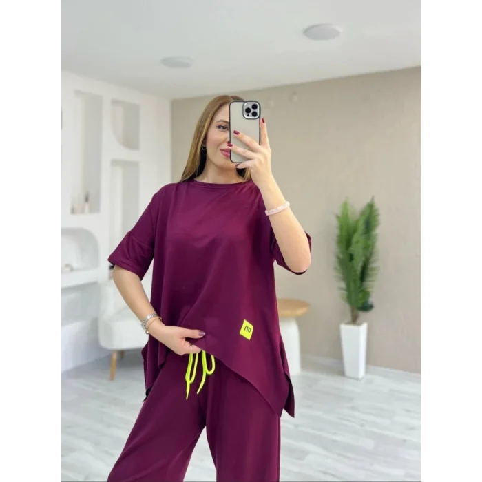 Kadın Kısa Kollu Bisiklet Yaka Viskon Iki Iplik Bluz Ve Pantolon Ikili Takım