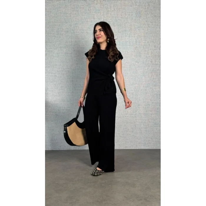 Kadın Kısa Kollu Bisiklet Yaka Yandan Bağlamalı Bürümcük Bluz Ve Pantolon Ikili Takım