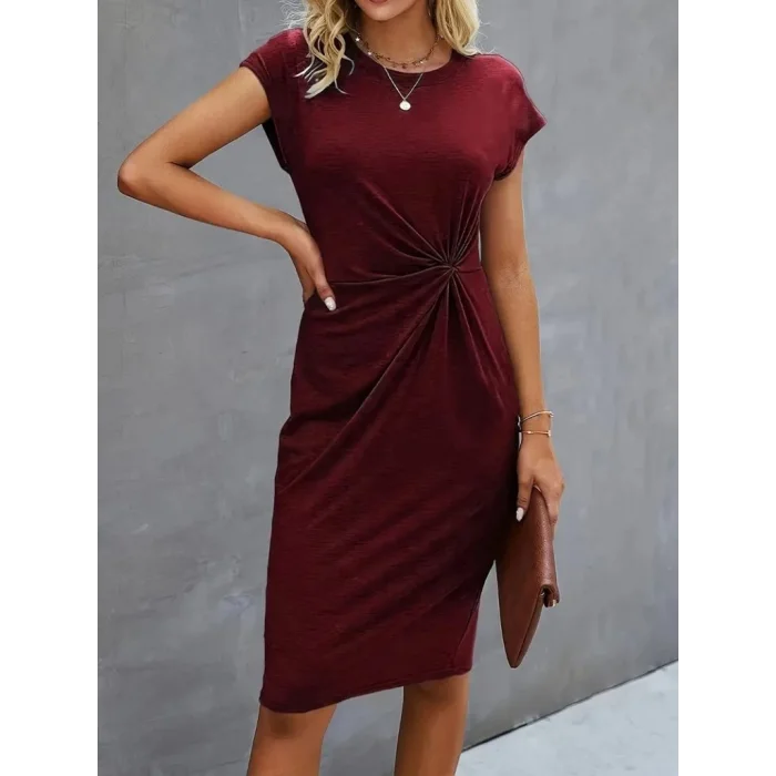 Kadın Kısa Kollu Bisiklet Yaka Yandan Büzgülü Midi Viskon Elbise