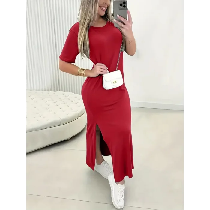 Kadın Kısa Kollu Bisiklet Yaka Yandan Yırtmaçlı Viskon Elbise