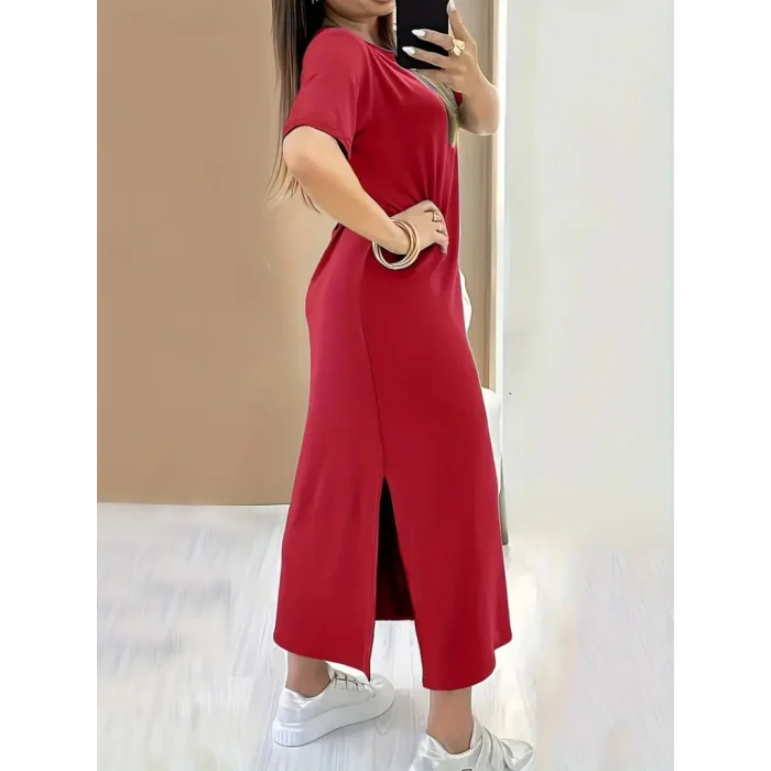 Kadın Kısa Kollu Bisiklet Yaka Yandan Yırtmaçlı Viskon Elbise