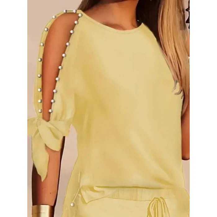 Kadın Kısa Kollu Bisiklet Yaka Yarı Açık Omuz Inci Detaylı Short T-shirt Viskon Ikili Takım