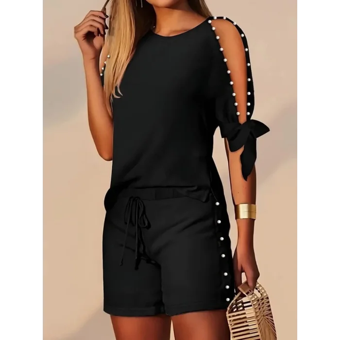 Kadın Kısa Kollu Bisiklet Yaka Yarı Açık Omuz Inci Detaylı Short T-shirt Viskon Ikili Takım