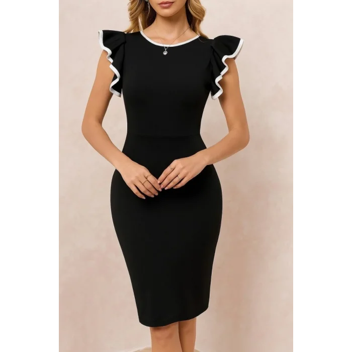 Kadın Kısa Kollu Bisiklet Yaka Yırtmaçlı Ithal Krep Elbise