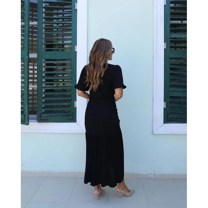 Kadın Kısa Kollu Bisiklet Yakalı Yandan Yırtmaçlı Büzgülü Janjan Krep Elbise