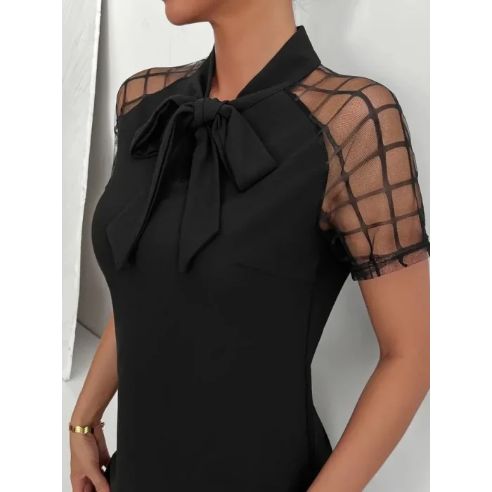 Kadın Kısa Kollu Boyundan Bağlamalı Omuzlarda Tül Detaylı Janjan Krep Elbise