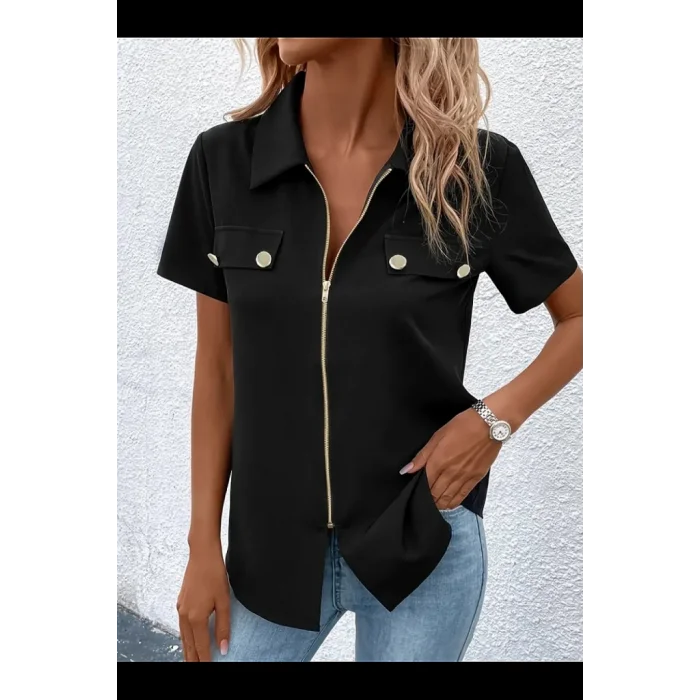 Kadın Kısa Kollu Ceket Yaka önü Fermuarlı Cep Detay Kısa Kol Ithal Krep Bluz