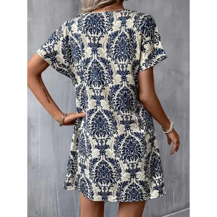 Kadın Kısa Kollu çentik Yaka çiçek Desenli Keten Elbise