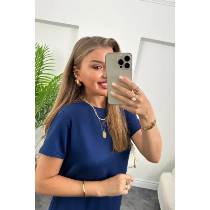 Kadın Kısa Kollu Yırtmaç Detaylı Salaş Viskon Elbise