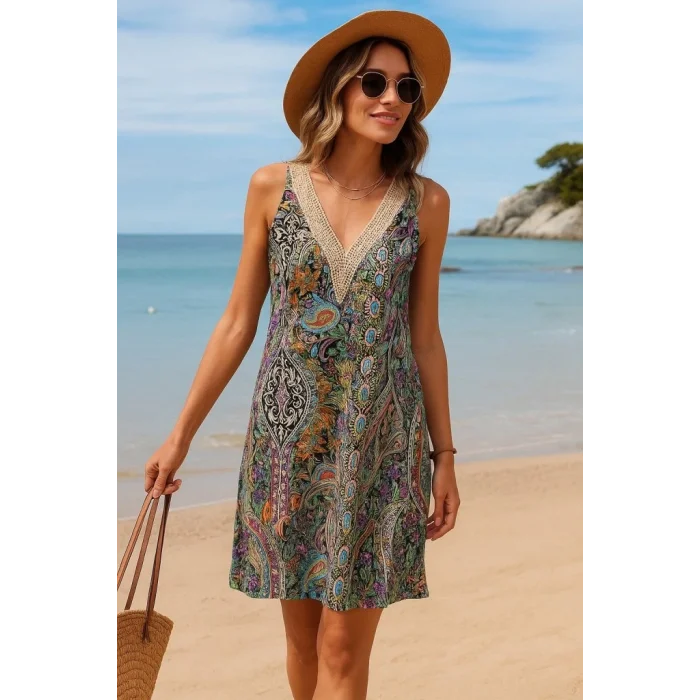 Kadın Kısa Kollu Dantel V Yakalı Desenli Süprem Elbise