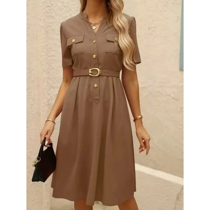 Kadın Kısa Kollu Düğmeli Ve Kemerli Atlas Elbise