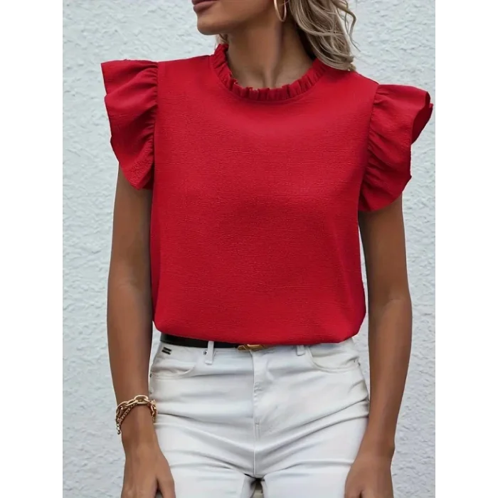 Kadın Kısa Kollu Fırfır Yakalı Bürümcük Bluz