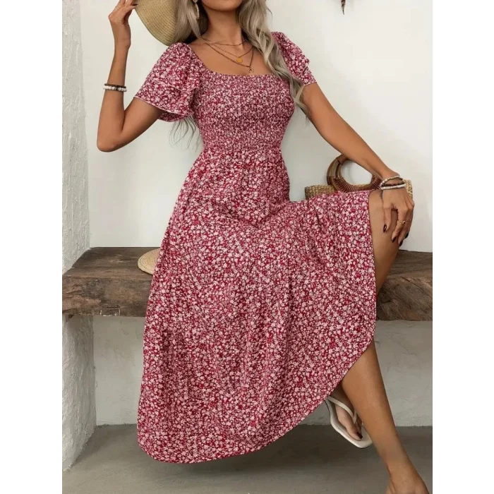 Kadın Kısa Kollu Gipe Detaylı Desenli Midi Süprem Elbise