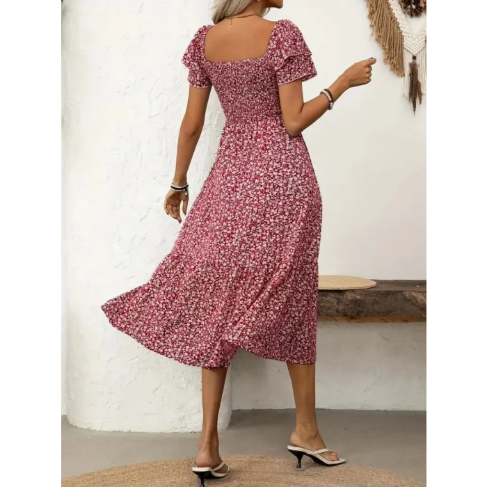 Kadın Kısa Kollu Gipe Detaylı Desenli Midi Süprem Elbise