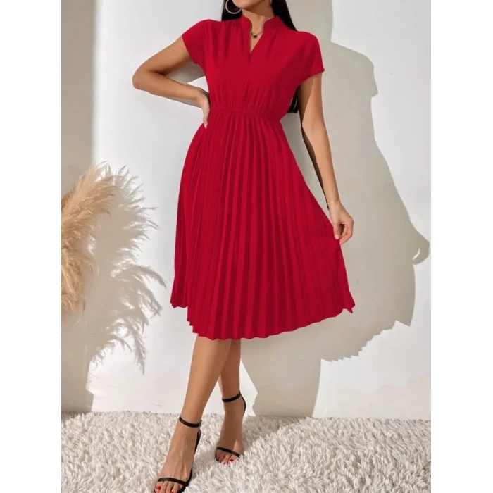 Kadın Kısa Kollu Hakim V Yakalı Pileli Janjan Krep Elbise