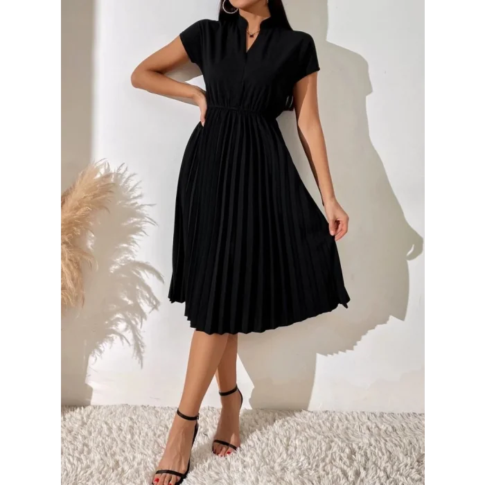 Kadın Kısa Kollu Hakim V Yakalı Pileli Janjan Krep Elbise