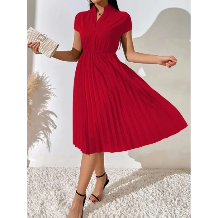 Kadın Kısa Kollu Hakim V Yakalı Pileli Janjan Krep Elbise