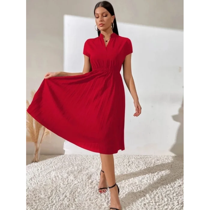 Kadın Kısa Kollu Hakim V Yakalı Pileli Janjan Krep Elbise