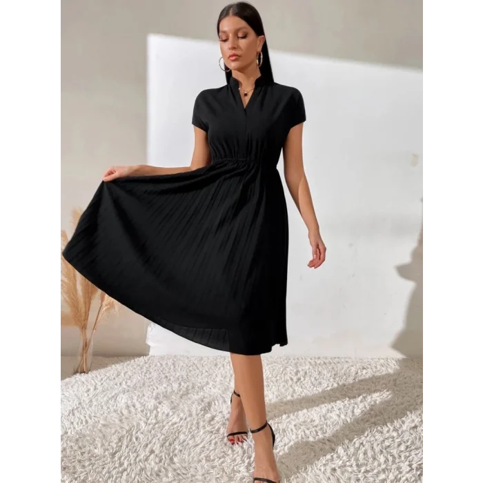Kadın Kısa Kollu Hakim V Yakalı Pileli Janjan Krep Elbise
