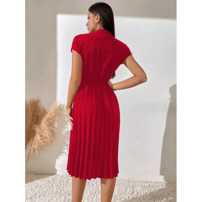 Kadın Kısa Kollu Hakim V Yakalı Pileli Janjan Krep Elbise