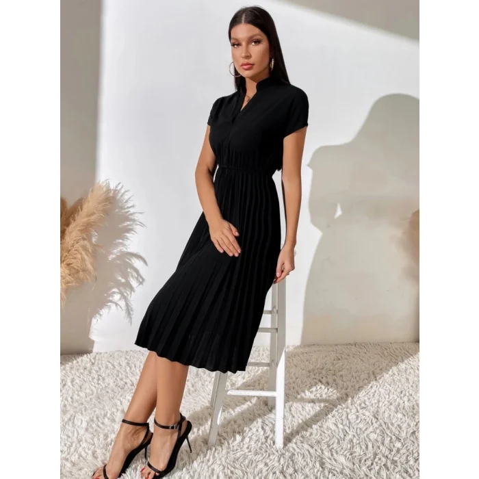 Kadın Kısa Kollu Hakim V Yakalı Pileli Janjan Krep Elbise