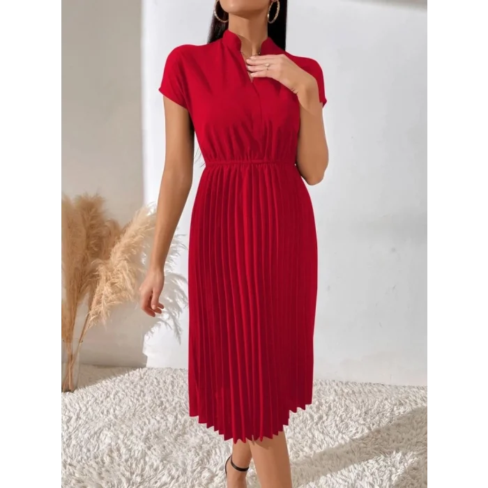 Kadın Kısa Kollu Hakim V Yakalı Pileli Janjan Krep Elbise
