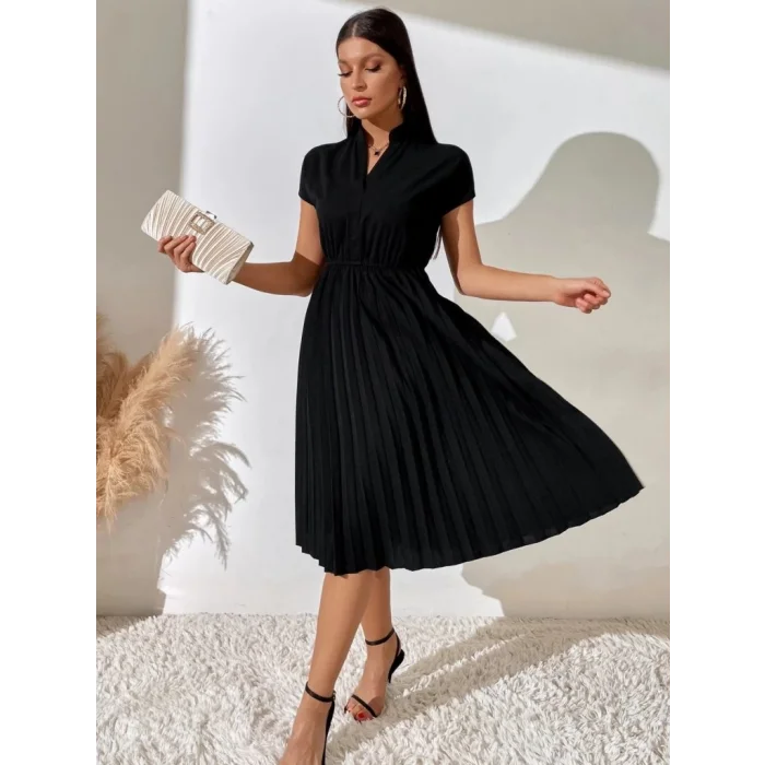 Kadın Kısa Kollu Hakim V Yakalı Pileli Janjan Krep Elbise