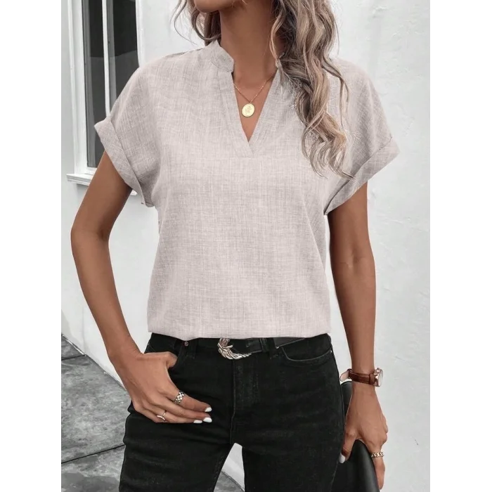 Kadın Kısa Kollu Hakim Yaka Keten Bluz
