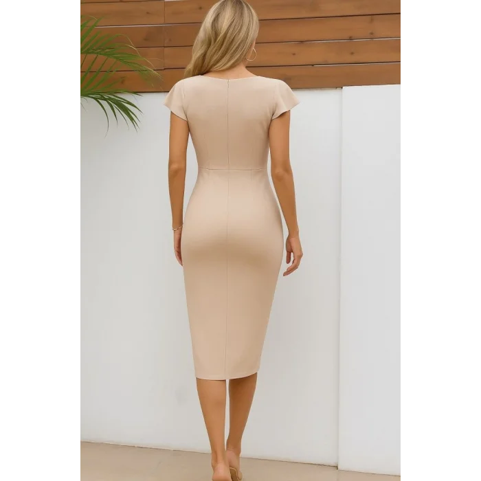 Kadın Kısa Kollu Kalp Yaka Yanlardan Büzgü Detay Midi Ithal Krep Elbise