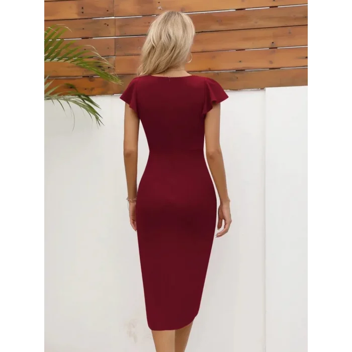 QKadın Kısa Kollu Kalp Yaka Yanlardan Büzgü Detay Midi Janjan Krep Elbise