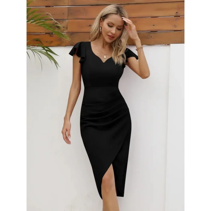 Kadın Kısa Kollu Kalp Yaka Yanlardan Büzgü Detay Midi Janjan Krep Elbise