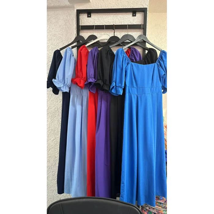 Kadın Kısa Kollu Kare Yaka Midi Boy Trikoton Kumaş Elbise