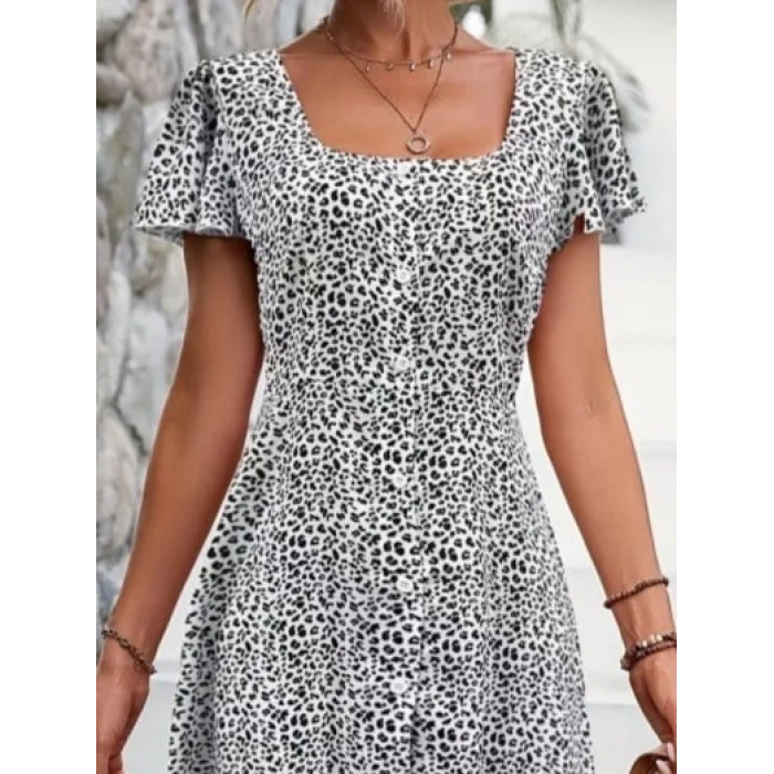 Kadın Kısa Kollu Kare Yaka önden Düğmeli çiçekli Süprem Elbise