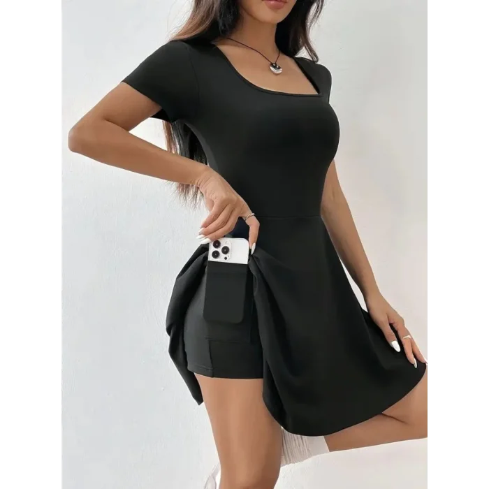 Kadın Kısa Kollu Kare Yaka Short Detaylı Cepli Dalgıç Elbise