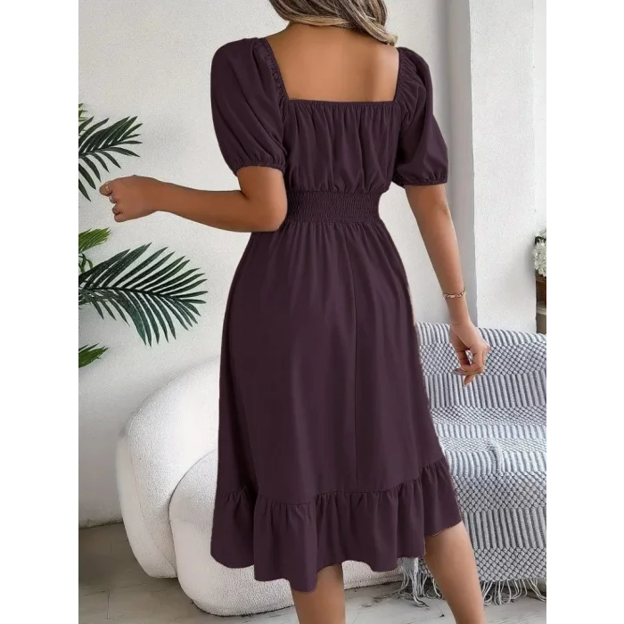 Kadın Kısa Kollu Kare Yakalı Beli Lastikli Kısa Trikoton Elbise