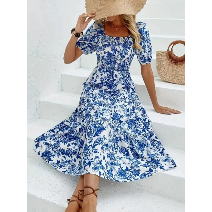 Kadın Kısa Kollu Kare Yakalı Lastikli Desenli Süprem Elbise