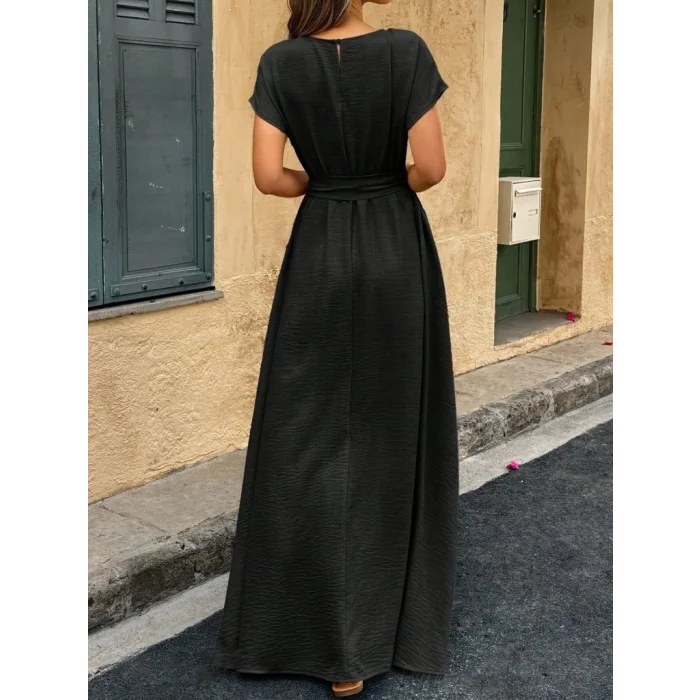 Kadın Kısa Kollu Kayık Yaka Beli Kuşaklı Aerobin Elbise