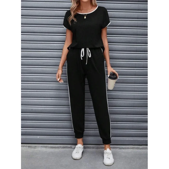 Kadın Kısa Kollu Kayık Yaka Viskon Iki Iplik Bluz Ve Bağcıklı Pantolon Ikili Takım