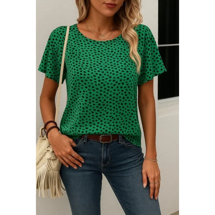 Kadın Kısa Kollu Kolları Volanlı Baskılı Süprem Bluz