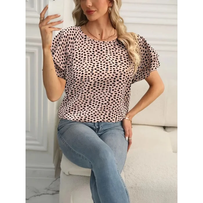 Kadın Kısa Kollu Kolları Volanlı Baskılı Süprem Bluz