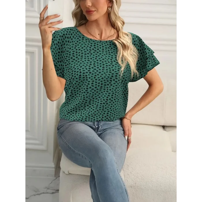 Kadın Kısa Kollu Kolları Volanlı Baskılı Süprem Bluz