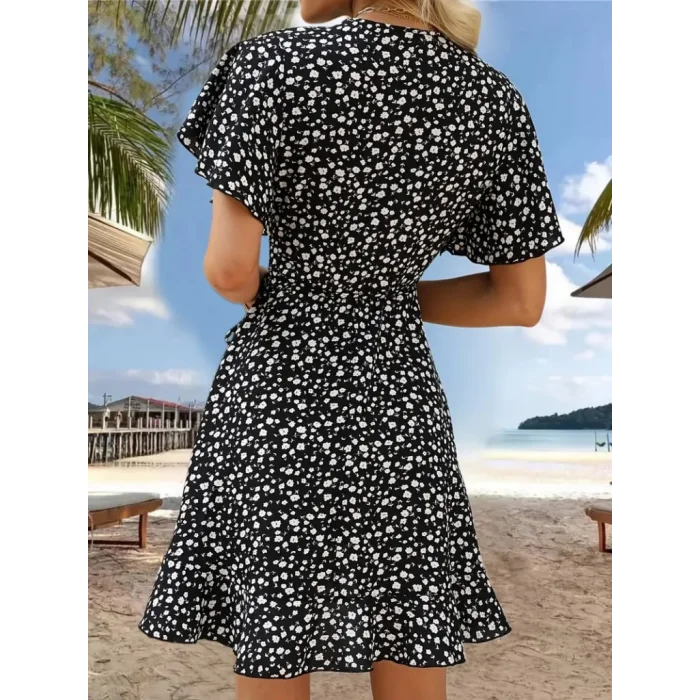 Kadın Kısa Kollu Kolu Ve Eteği Volanlı Fırfırlı çiçek Desenli Mini Elbise